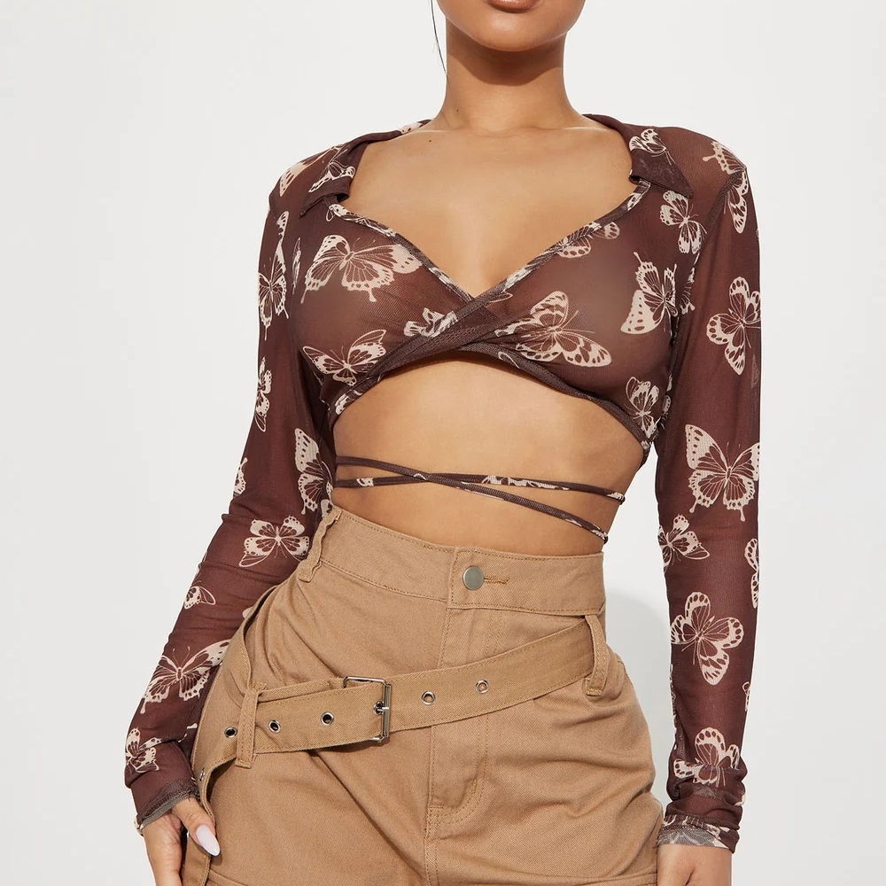 Fashion Nova Butterfly Print Crop Top - Brown